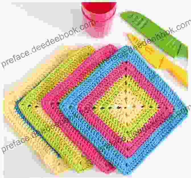 A Granny Square Dishcloth In Bright Colors, Handmade With A Crochet Hook And Cotton Yarn. Crocheting Dishcloths Book: Dishcloth Patterns And Instructions For Beginners